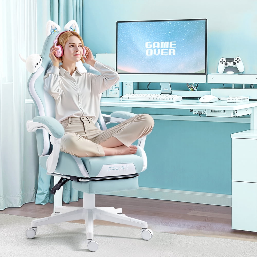GOOSEA Gaming Chair with Cat Ears, Massage Lumbar & Footrest - Ergonomic Reclining Computer Chair for Girls, 290LBS, Green