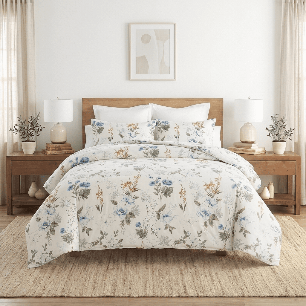 Move Over Blue Floral Duvet Cover Set Queen Size 3 Pieces Reversiable Cotton Bedding Set Pink and Green Garden Flower Comforter Cover Set for All Seasons
