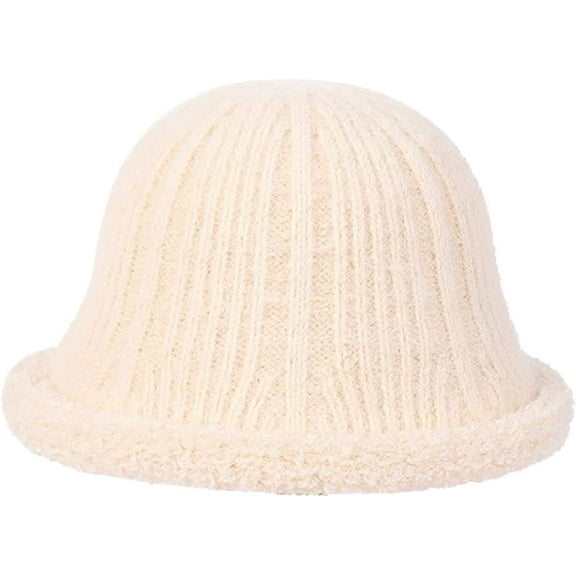 CoCopeaunts Bucket Hat for Women Sweet Solid Color Knit Hats Lambs Wool Brim Winter Warm Pot Hat Travel Photography Bucket Cap