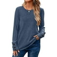 thumbnail image 4 of BiZtdJrK Womens Ribbed Knit Sweaters Solid Casual Button Cuffs Long Sleeve Shirts Fashion Clothing Tunics or Tops Wear with Leggings, Navy, L, 4 of 8