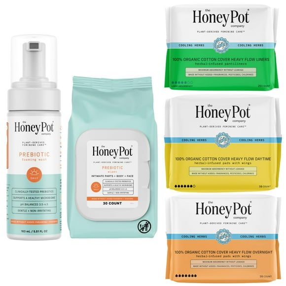 The Honey Pot Company - Prebiotic Feminine Wash, Wipes, & Heavy Flow Bundle - Herbal Infused Feminine Hygiene Products - Sanitary Pads for Women - Feminine Care - FSA & HSA Eligibl