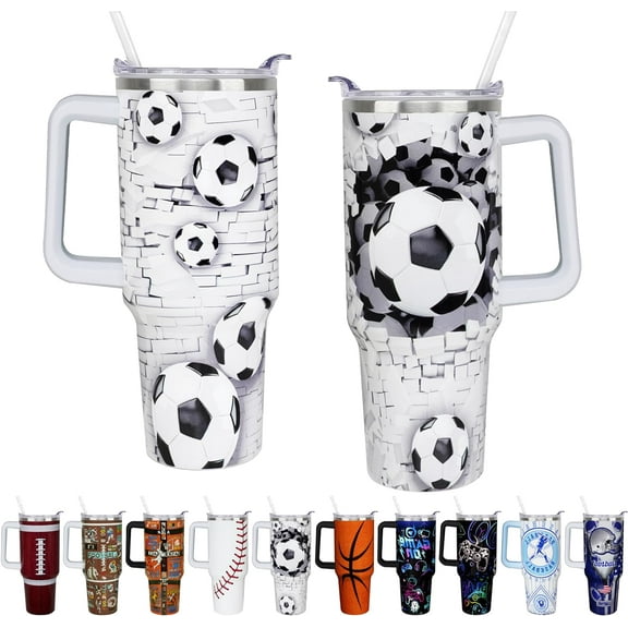 40 oz Unique Soccer Gifts Tumbler with Handle Straw Lid 40oz Soccer Lover Gift for Girls Double Stainless Steel Insulated Soccer Cups Travel Coffee Mug Soccer Water Bottles for Boys