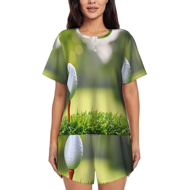 Fotbe golf ball perched on a tee Conjunto de Pijama Estampado para Mujer, 2 Piezas, Ropa de Dormir con Camiseta de Manga Corta y Shorts Suaves-X-Large