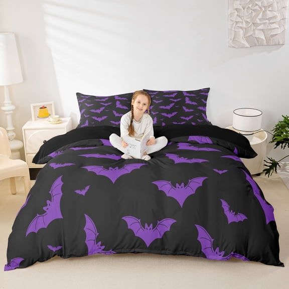 Homewish Gothic Halloween Bat Bedding,Purple Silhouette Print Duvet Cover Full,Black Violet,Black Reversible,3-Piece,1 Duvet Cover and 2 Pillowcases
