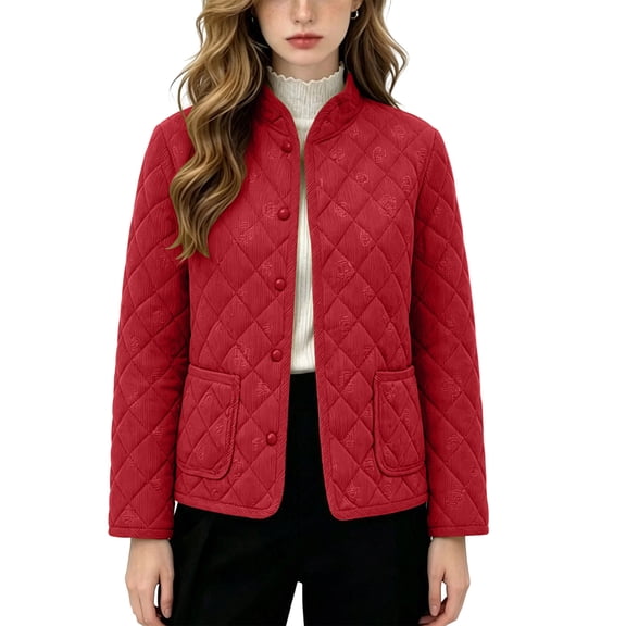SEROYE Womens Jackets Corduroy Quilted Stand Collar Button Down Coat Embossed Pattern Casual Warm Outerwear Pockets (XL, Red)