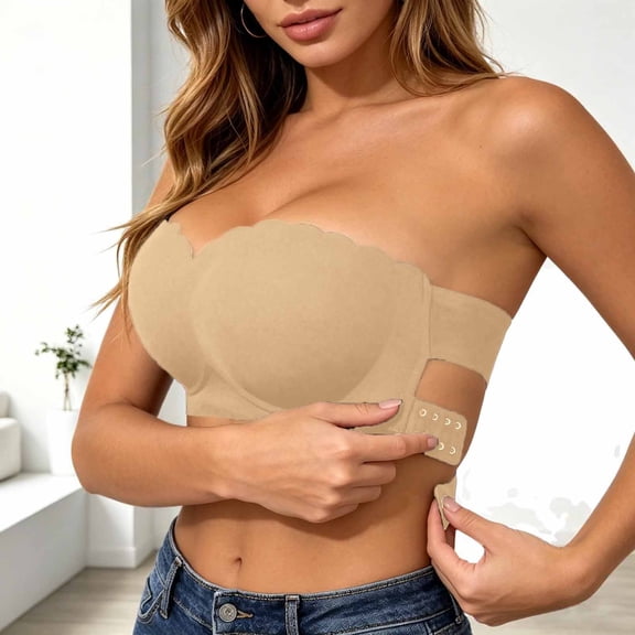 Women’s Strapless Side Closure Bustier Bra For Seamless Lightweight Comfort And Support Top With Push Up Lift Ideal For Casual Wear Across Seasons, M, Khaki
