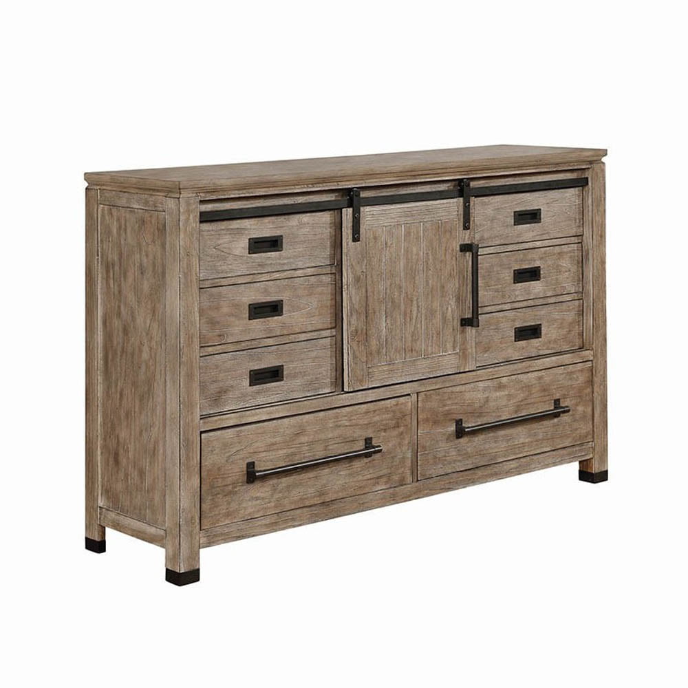 8 Drawer Rustic Style Dresser with Barn Sliding Door and Block Legs