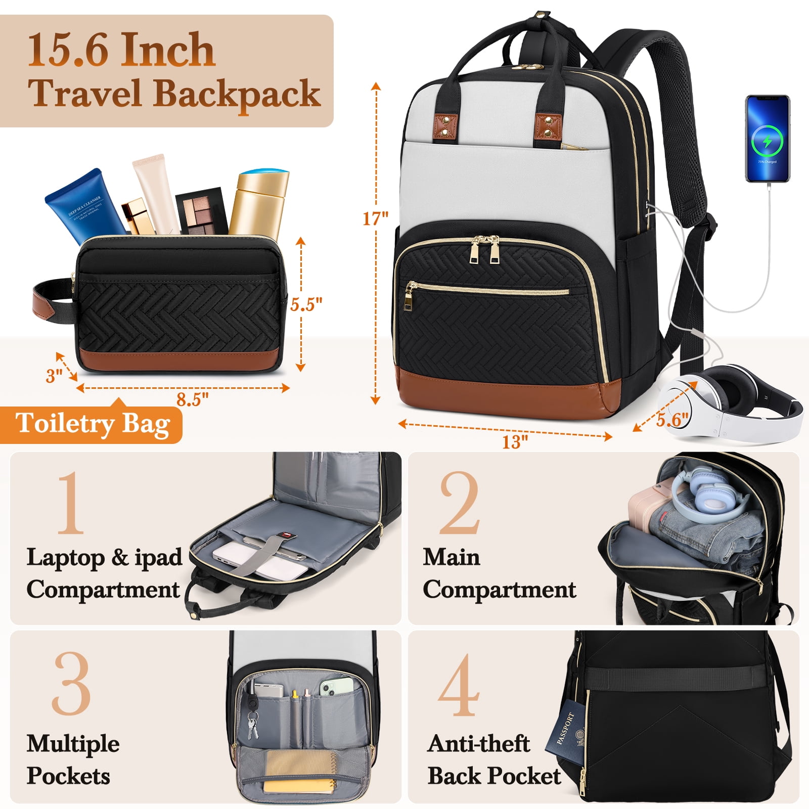 RAINSMORE 3 Piece Carry on Luggage Set with Backpack 20 Inch Softside Suitcases with Wheels Rolling Carry On Suitcase with TSA Lock for Travel Weekender,Black&White