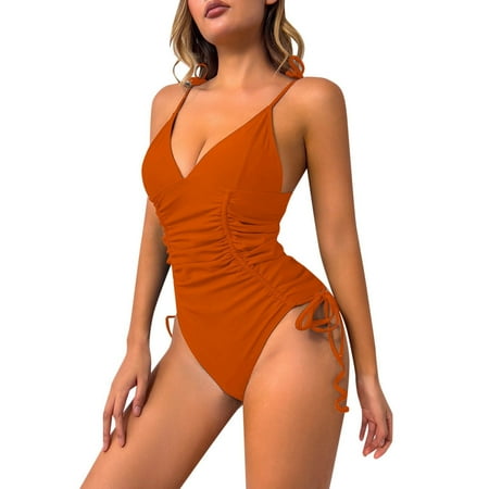 Womens One-Piece Swimsuits Solid Color Elegant Blocked Stylish Beach Pool Swimsuit Swimwears Activewear Orange XL