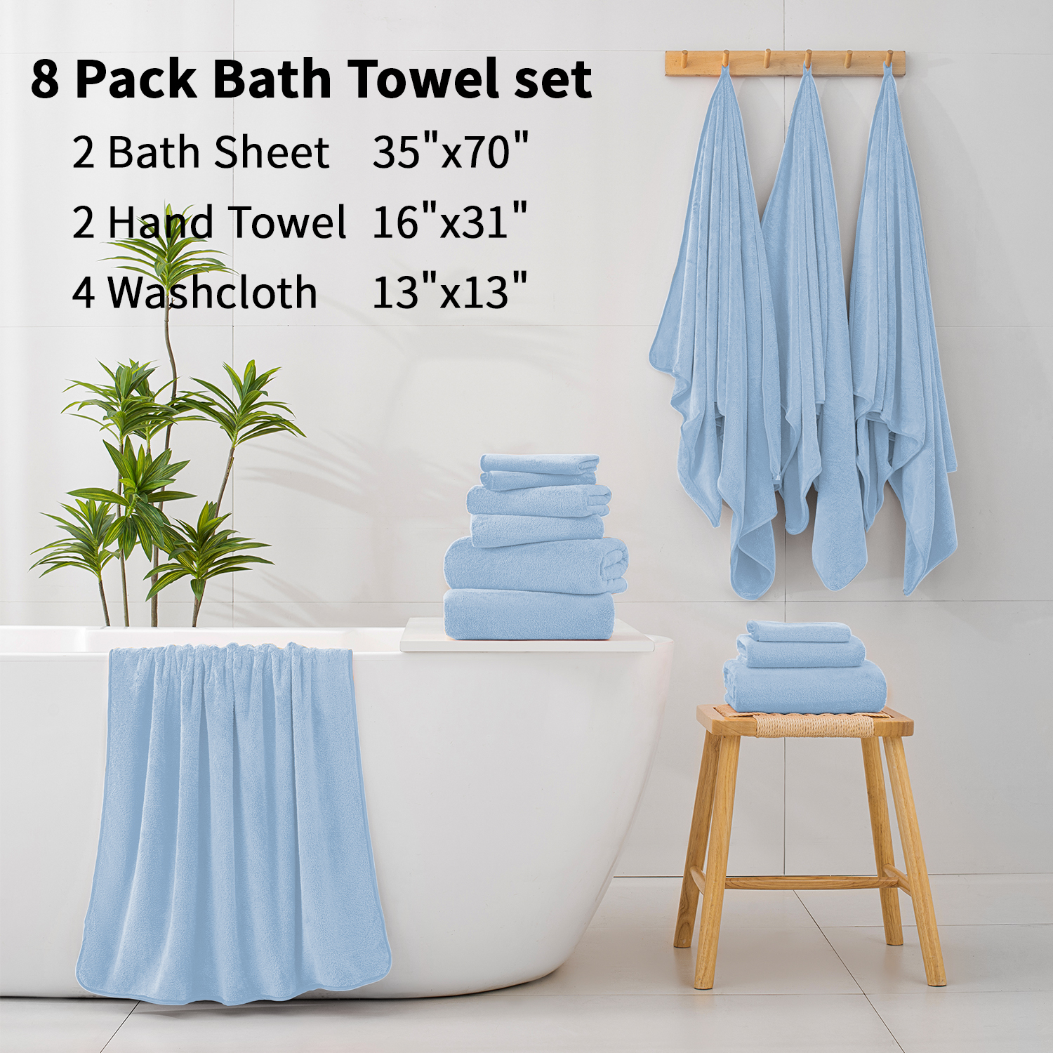 Beartech 8 Piece Bath Towels Set-2 Bath sheet,2 Hand Towel,4 Washcloths,Soft Lightweight Family Towel Highly Absorbent Microfiber Towel Quickly Dry & Less Lint Shower towel for Bathroom-Blue