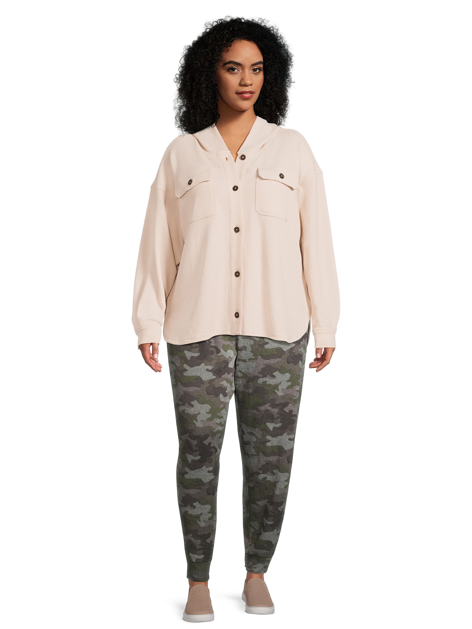 Time and Tru Women's Ribbed Hooded Shacket, Sizes S-XXXL
