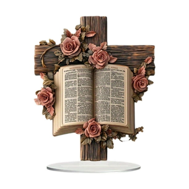 Placa de adorno de cruz 2D, manualidades DIY con soporte, decoración de patrón de libro, decoración de mesa para exhibición de festivales de oficina