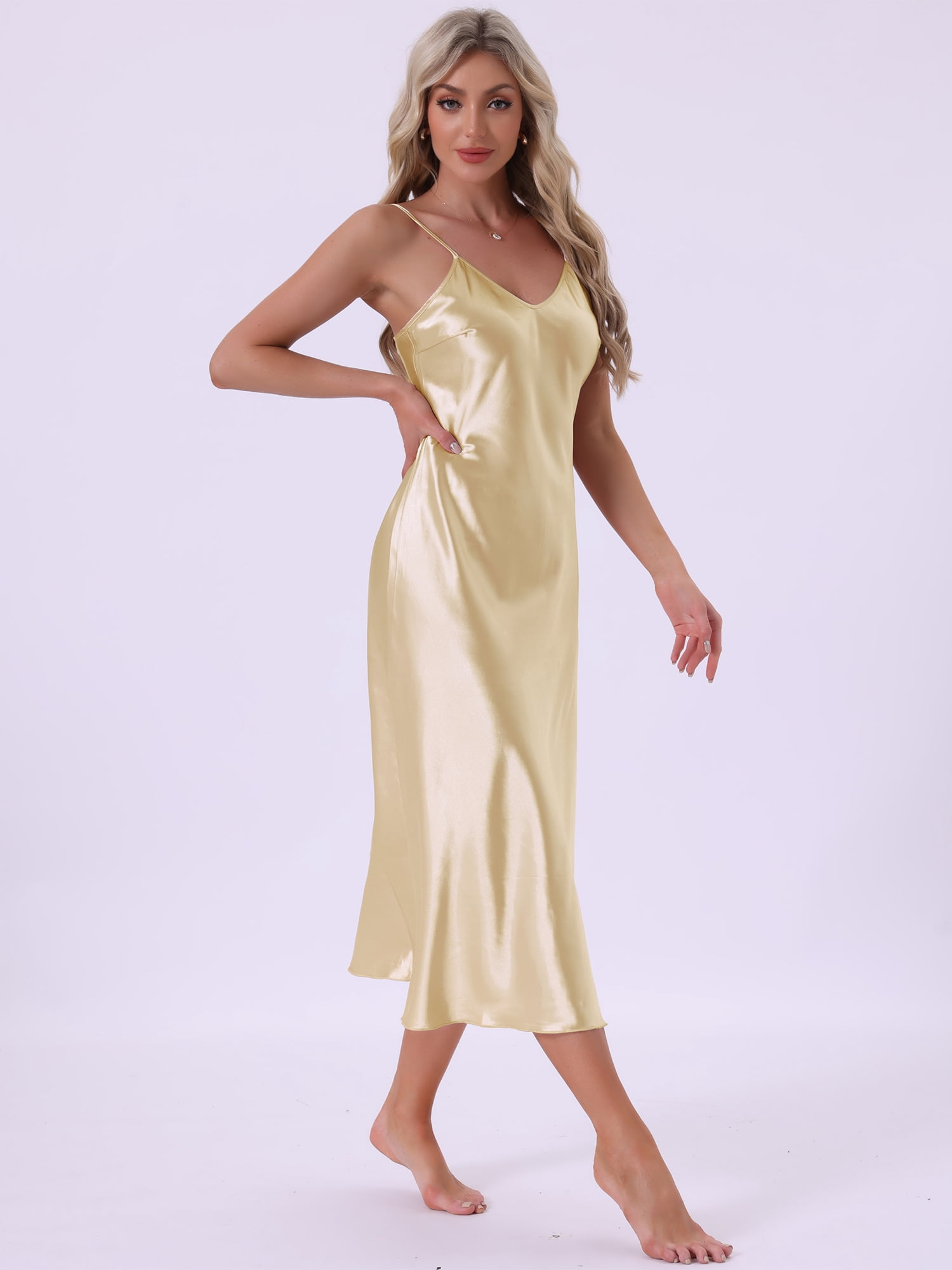 DARING DIVA Women's 2pcs Satin Silky Soft Midi Camisole Robe Set S Gold