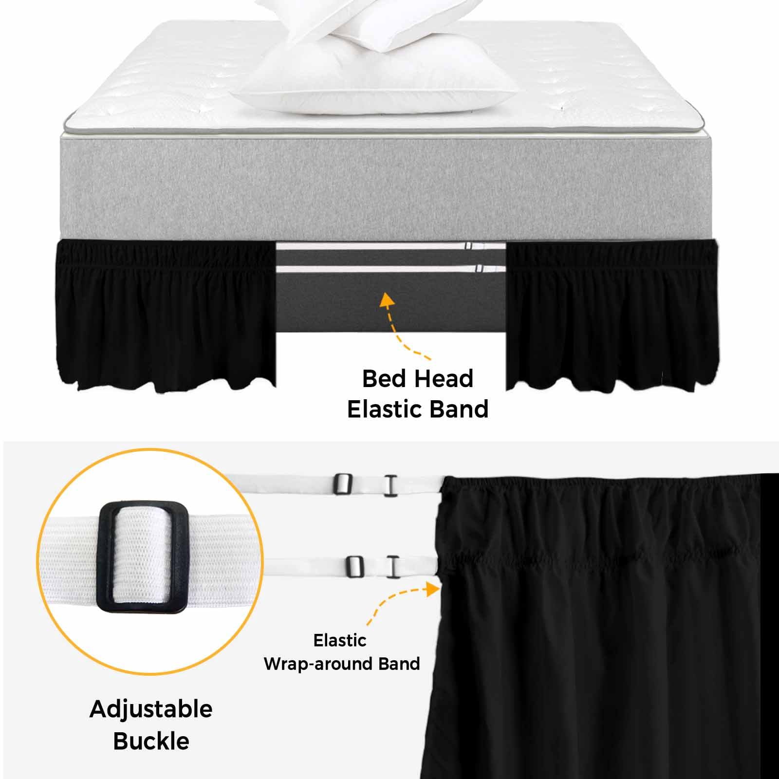 Bed Skirt Black Adjustable Elastic Wrap-Around Dust Ruffle with Solid Color 16 Inch Drop, Bed Frame Cover for King Size Bed