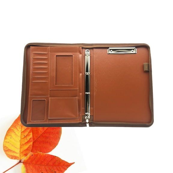 MLINS A4 Multifunctional Portable PU Leather Business Office Portfolio Document Resume Zipper Portfolio File Folders with Calculator (Brown)