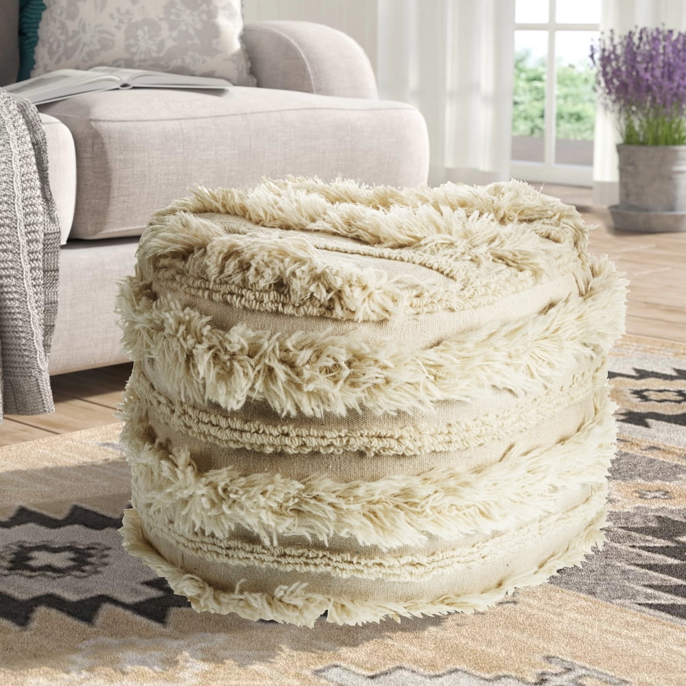 LR Home Alice Round Ivory Striped Shag Indoor Small Pouf Ottoman, 14" H x 18" W