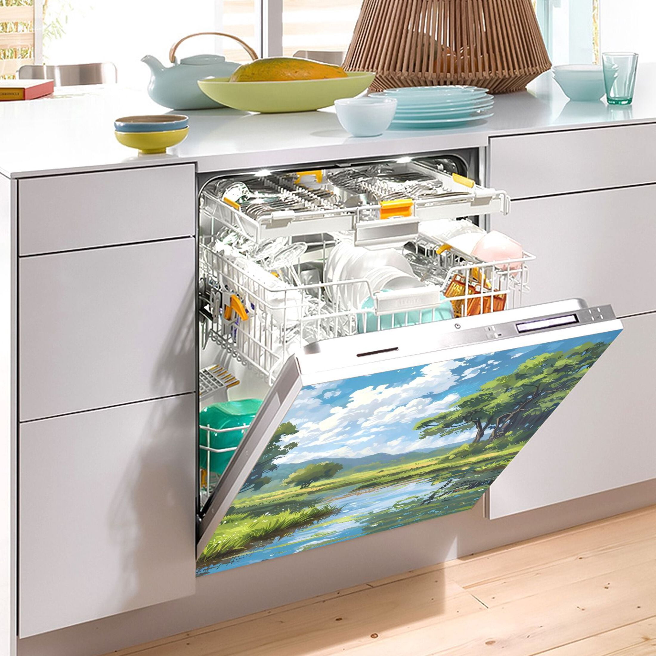 Dishwasher Magnetic Sticker 23x26 Inch Refrigerator Magnetic Sticker Washing Machine Magnetic Sticker Kitchen Panel Magnetic Sticker Home Decor Rivers Trees White Clouds