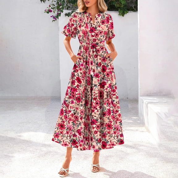 DailyTrove Women's Short Sleeve V Neck Belted Floral Maxi Dress, Romantic Outerwear for Summer Date Nights Garden Weddings