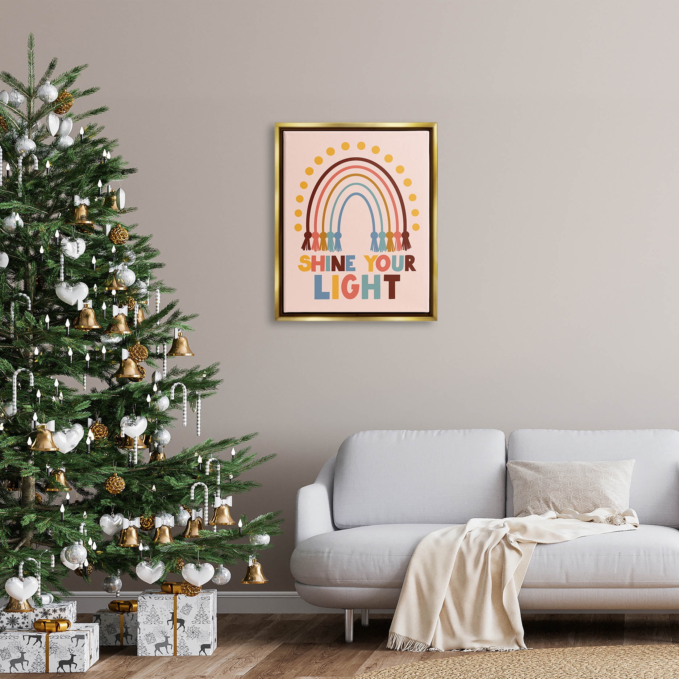 Shine Your Light Hanukkah Rainbow Holiday Graphic Art Metallic Gold Framed Art Print Wall Art