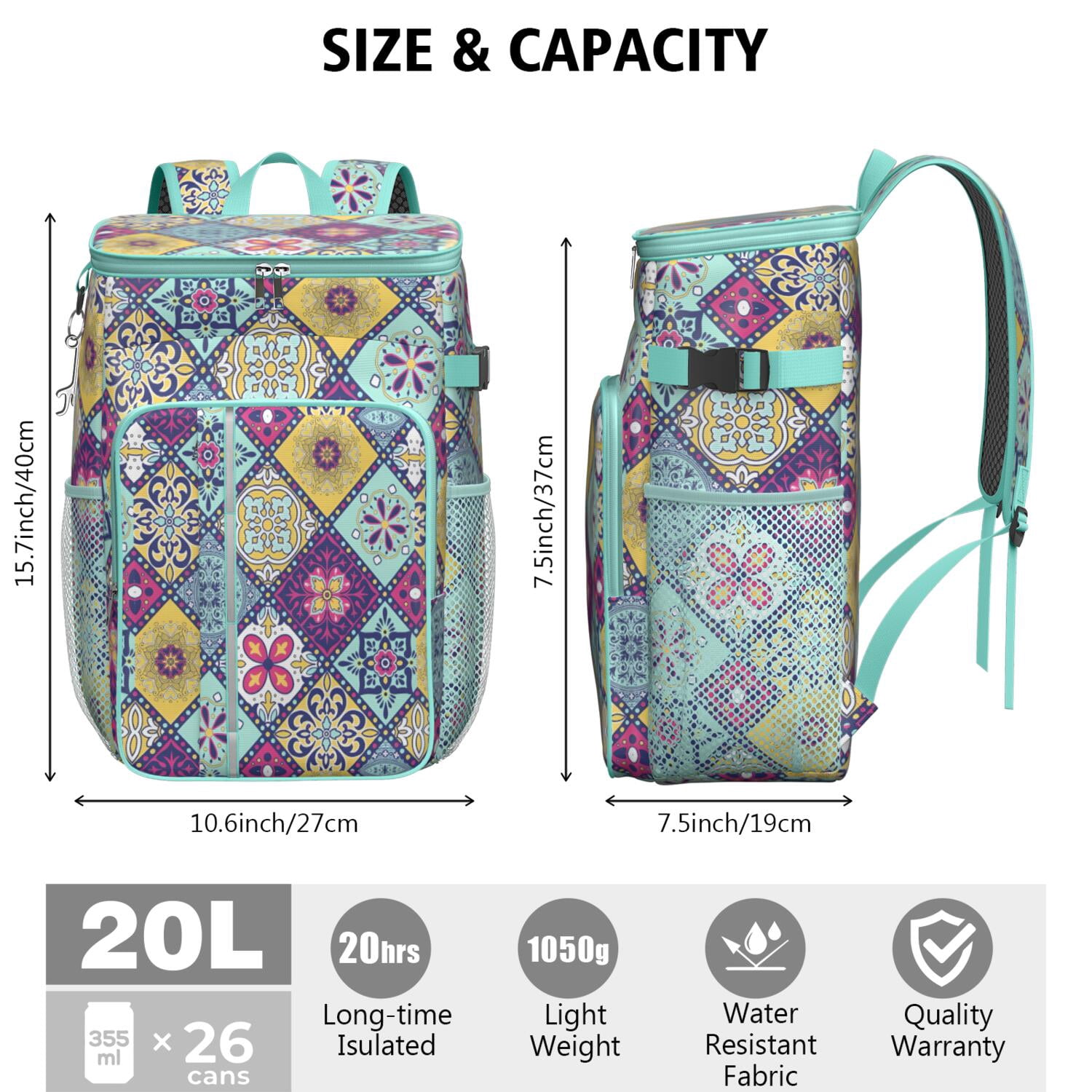 Travel Cooler Bag - Boho Bohemia Flower Camping Beer Cooler Backpack with Bottle Opener- Waterproof Insulated Picnic Backpacks - Cooler Bag for Beach