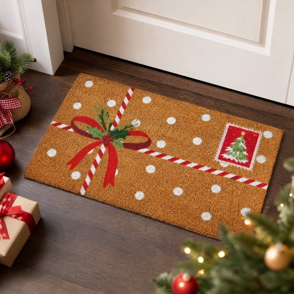 JHRGJIO Christmas Gift Box Doormat, Holiday Xmas Tree Welcome Mat, Evergreen Holiday Christmas Postcard Coir Doormat, Front Entry Decor Rug Indoor Outdoor Porch Mat