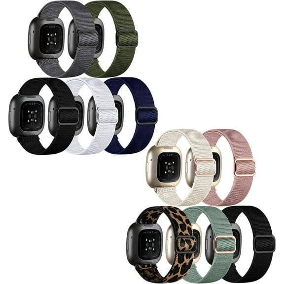 REQO 10 Pack for Fitbit Versa 3 Bands/Fitbit Versa 4 Band/Fitbit Sense Bands for Men Women, Adjustable Stretchy Solo Loop Elastic Nylon Sport Strap for SmartWatch Replacement