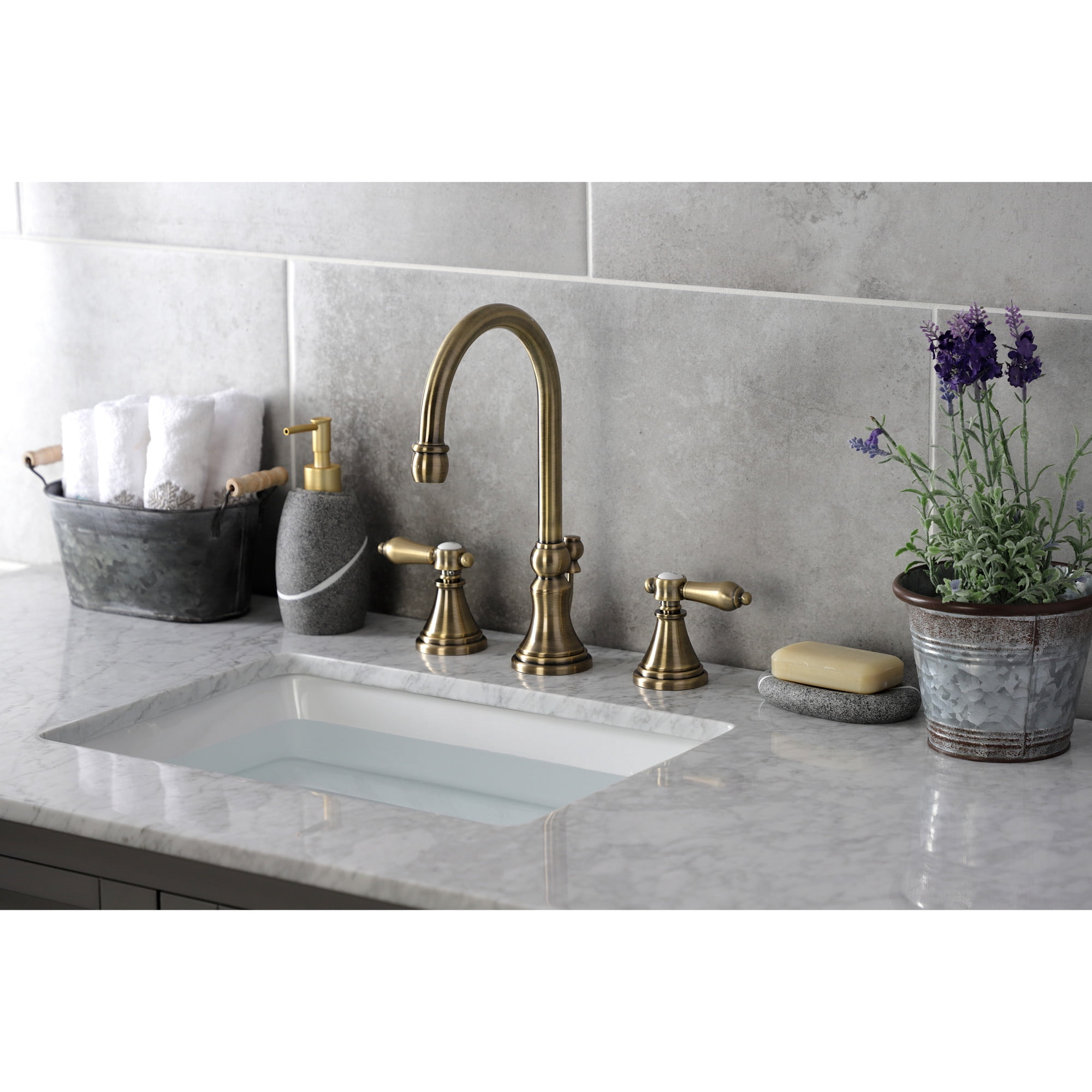 Kingston Brass KS2983BAL Heirloom Widespread Bathroom Faucet with Brass Pop-Up, Antique Brass