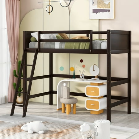 Seizeen Loft Bed Twin Size  Solid Wood Twin Loft Bed Frame with Ladder and Safety Guardrails  Bedroom Furniture for Kids Teens Adults  No Box Spring Needed  Espresso  L0476