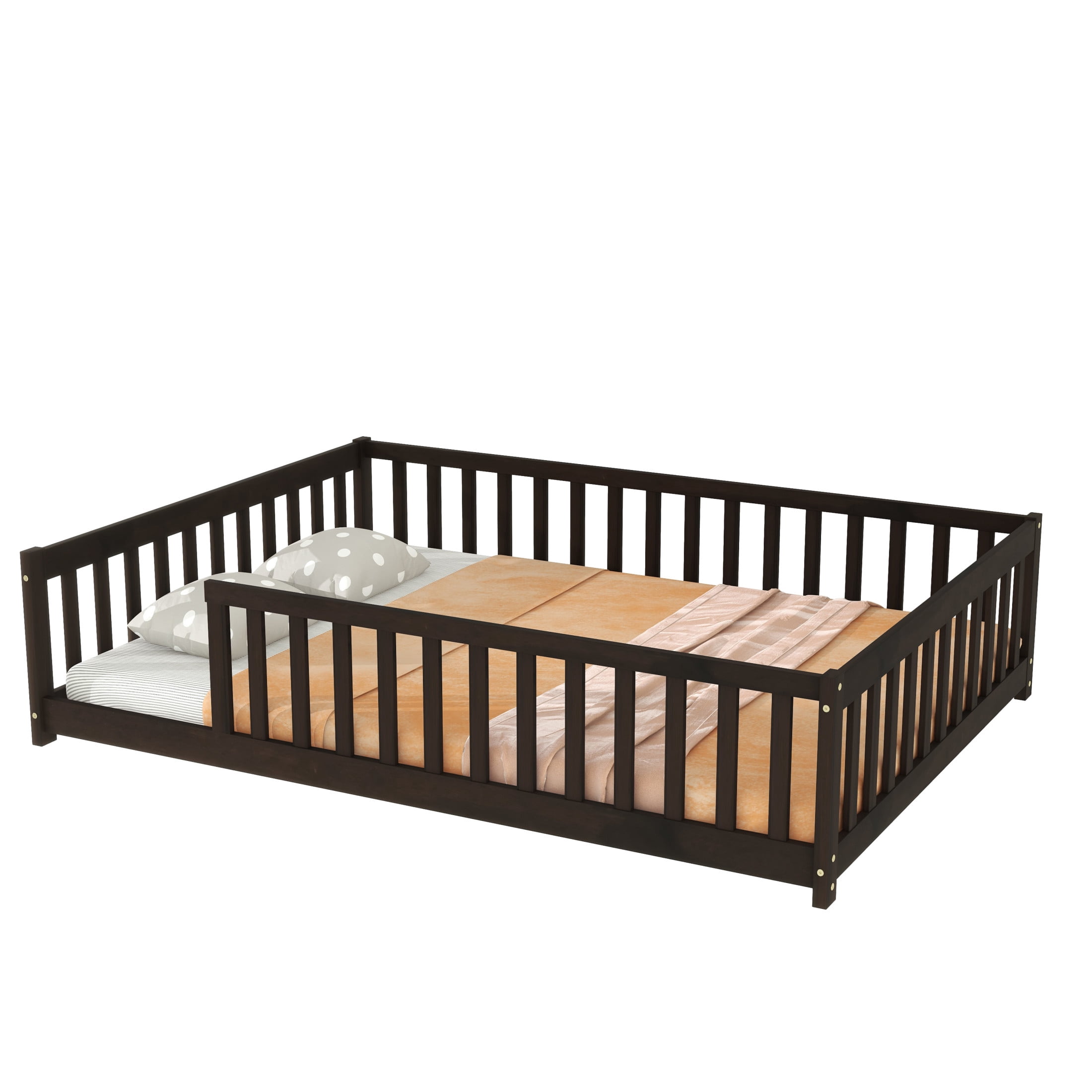 Noble House Lucas Full Size Floor Bed with Safety Guardrails & Open Access, Rubber Wooden Bed Frame, Espresso