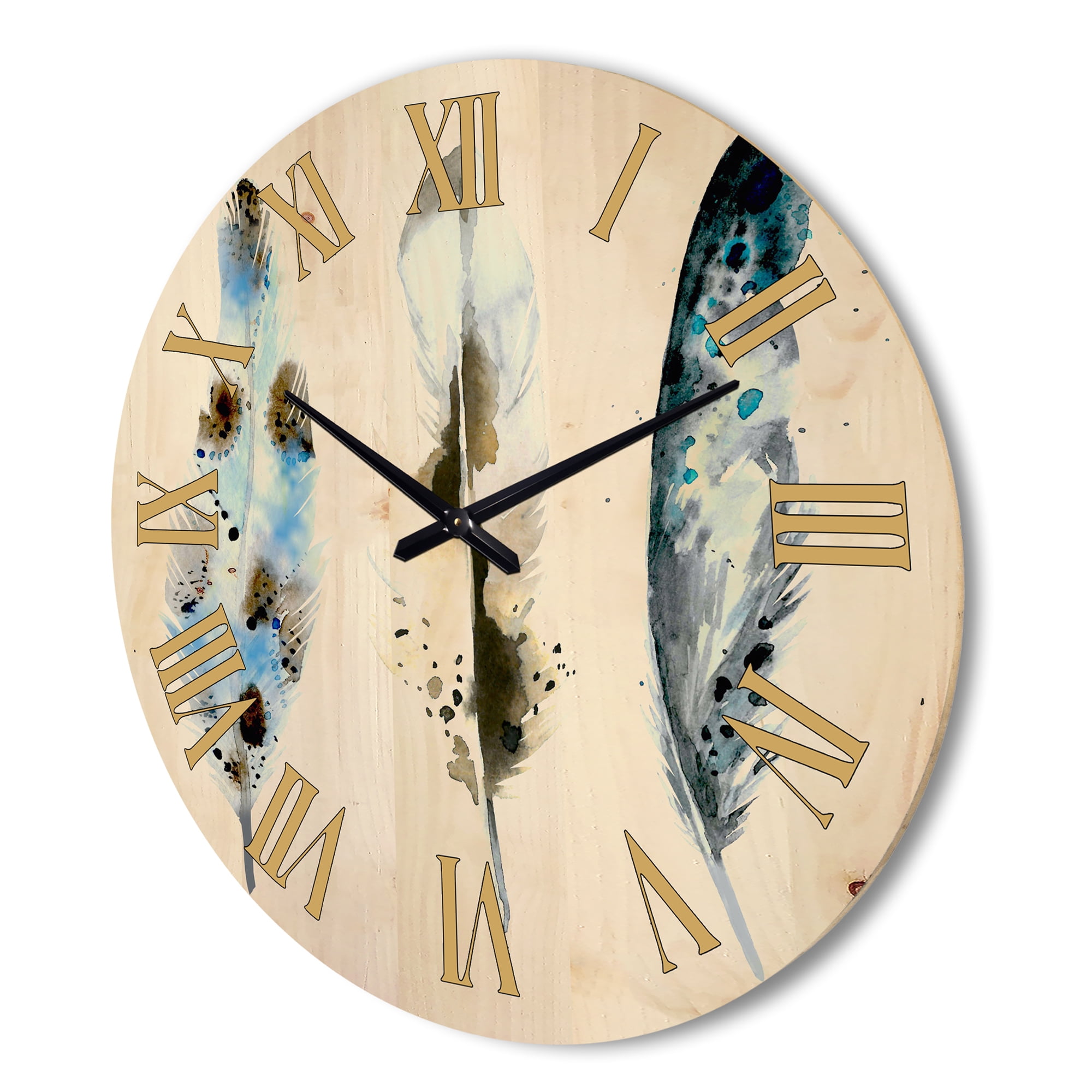 Designart 'Colourful Boho Art Feathers V' Bohemian & Eclectic Wood Wall Clock