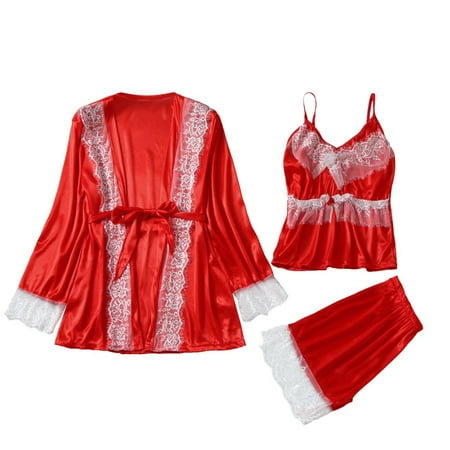 

HGWXX7 Women Satin Lace Patchwork Sleepwear Sling Robe Long Sleeve Pajamas Set Womens Fall Fashion 2022