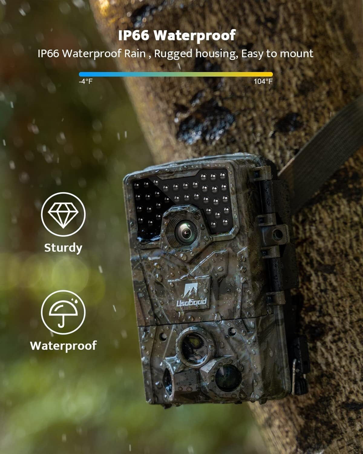 Usogood 48MP 4K Trail Camera with Night Vision Motion Activated IP66 Waterproof, 65ft 120° Wide Angle Detection Game Camera, Deer Camera for Outdoor Wildlife Watching(Only 8PCS Battery)