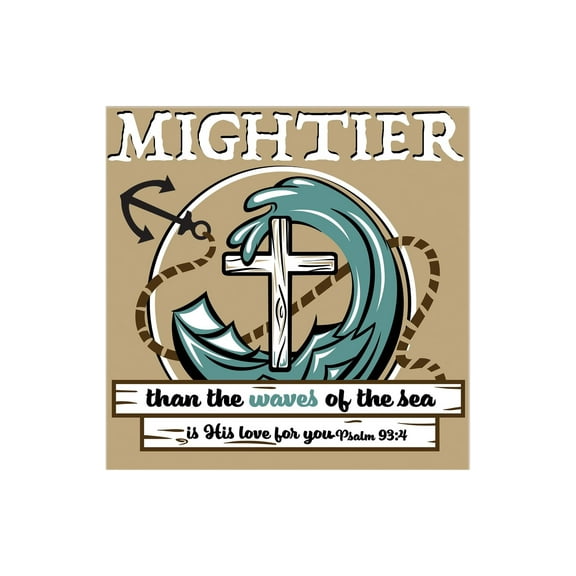 Mightier Sea His Love Tan Anchor Cross 12 x 12 Wood Wall Sign Plaque