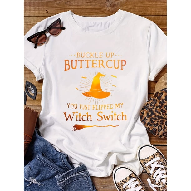 Halloween T-shirt - Witch Switch Print Crew Neck T-Shirt - Soft Cotton, Casual Short Sleeve Top for Spring & Summer, Machine Washable, alphabets Positioning Printing, all-Season Wear