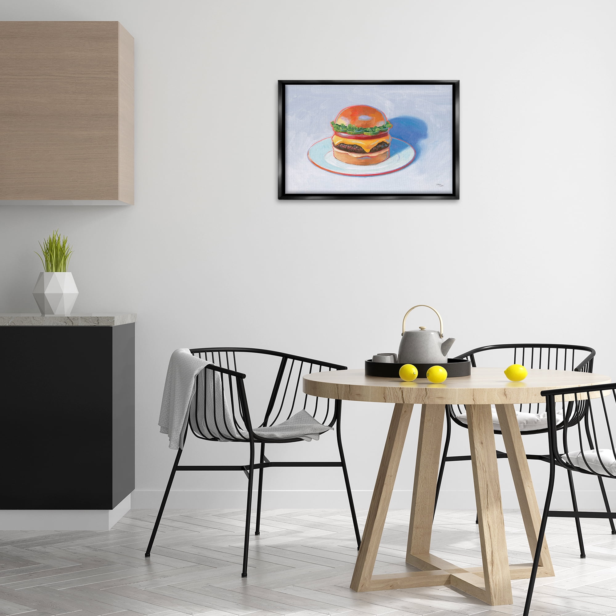Stupell Industries Burger on Plate Food & Beverage Painting Black Floater Framed Canvas Art Print Wall Art, 25 x 17