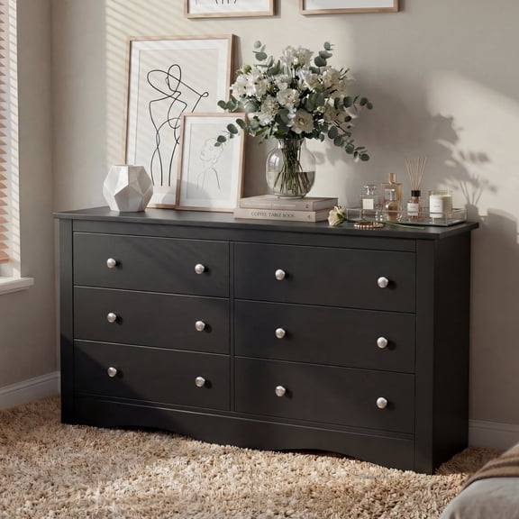 Homall 6 Drawer Dresser for Bedroom, Wood Double Chest of Drawers with Metal Handles, Wide Storage Cabinet Organizer for Living Room, Black