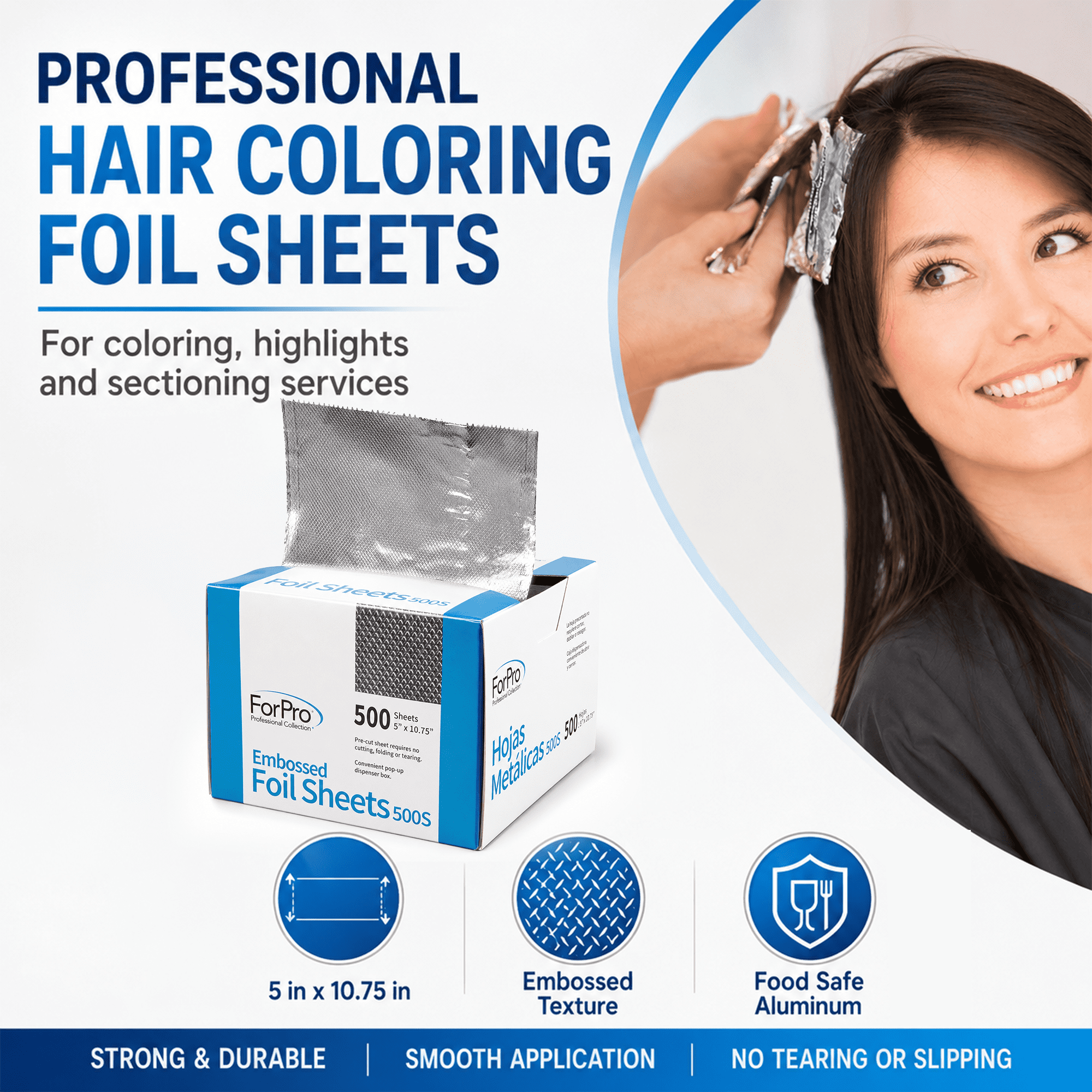 ForPro Embossed Foil Sheets 900S, 9” W x 10.75” L, 500-Count, Aluminum Foil, Pop-Up Dispenser, for Hair Color Application and Highlighting, Food Safe