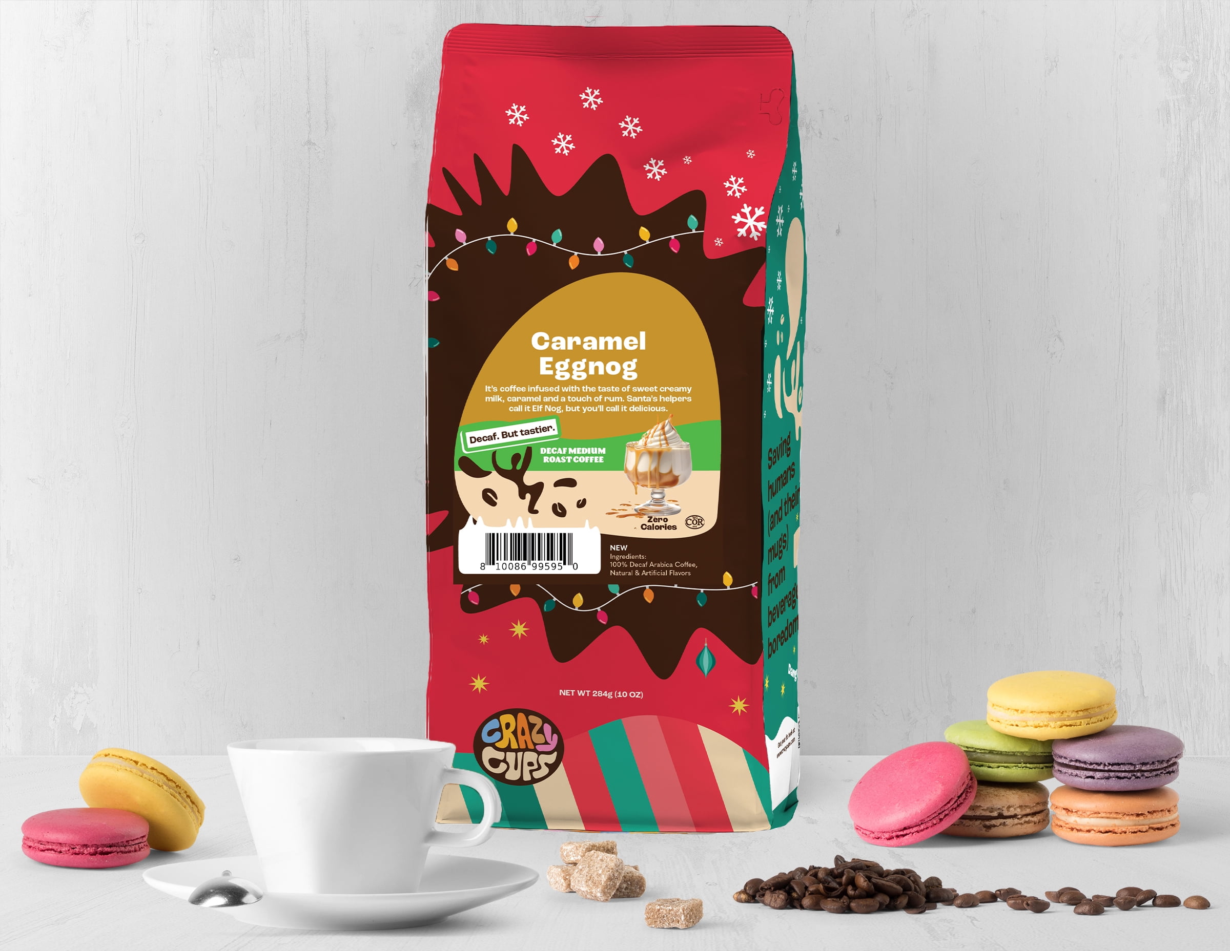 Crazy Cups Flavored Ground Decaf Eggnog Coffee, Decaffeinated Caramel Eggnog Coffee in 10 oz Bag, For Brewing Flavored Hot or Iced Coffee, 3 Pack
