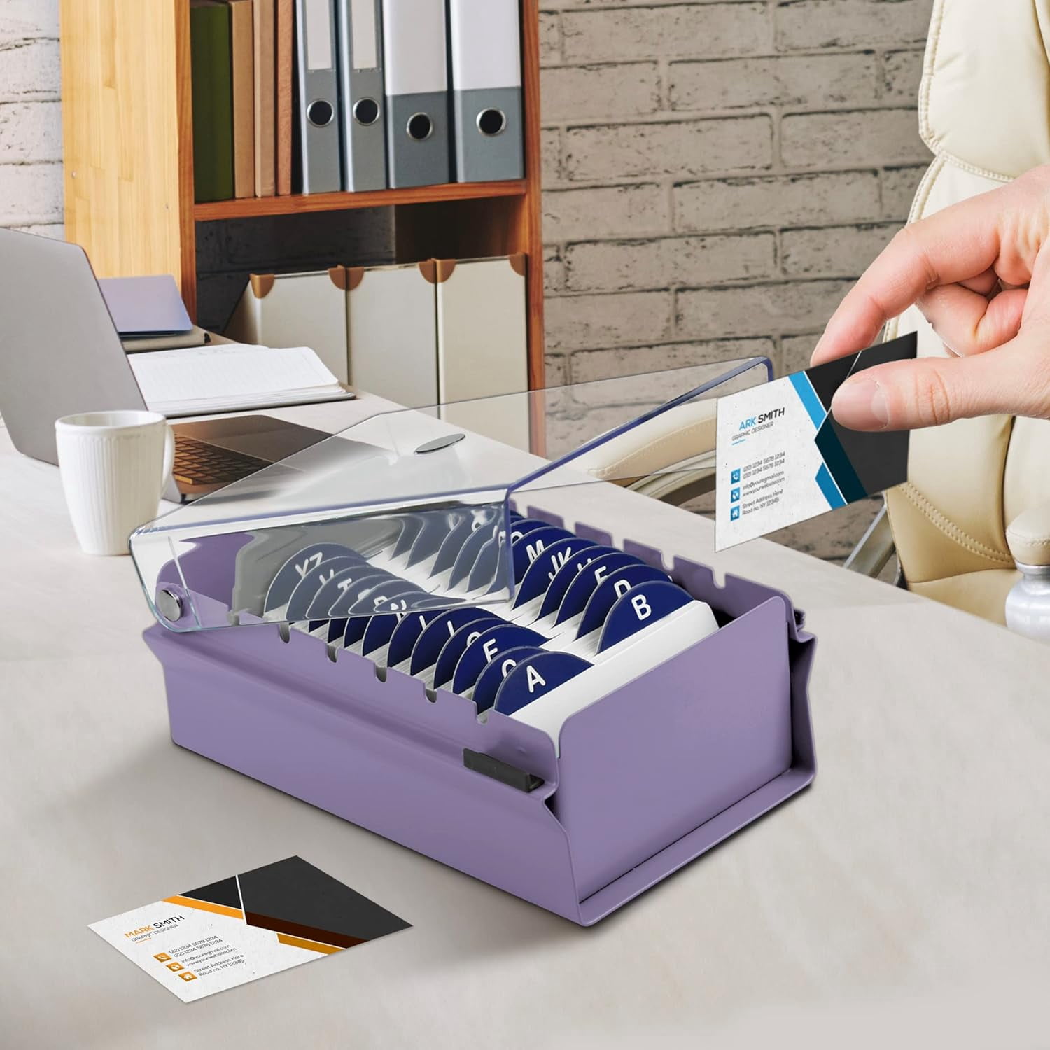Acrimet Index Business Card Size File Holder Organizer Box Metal Base Heavy Duty (AZ Index Cards and Divider Included) (Purple Color with Clear Crystal Plastic Lid Cover)