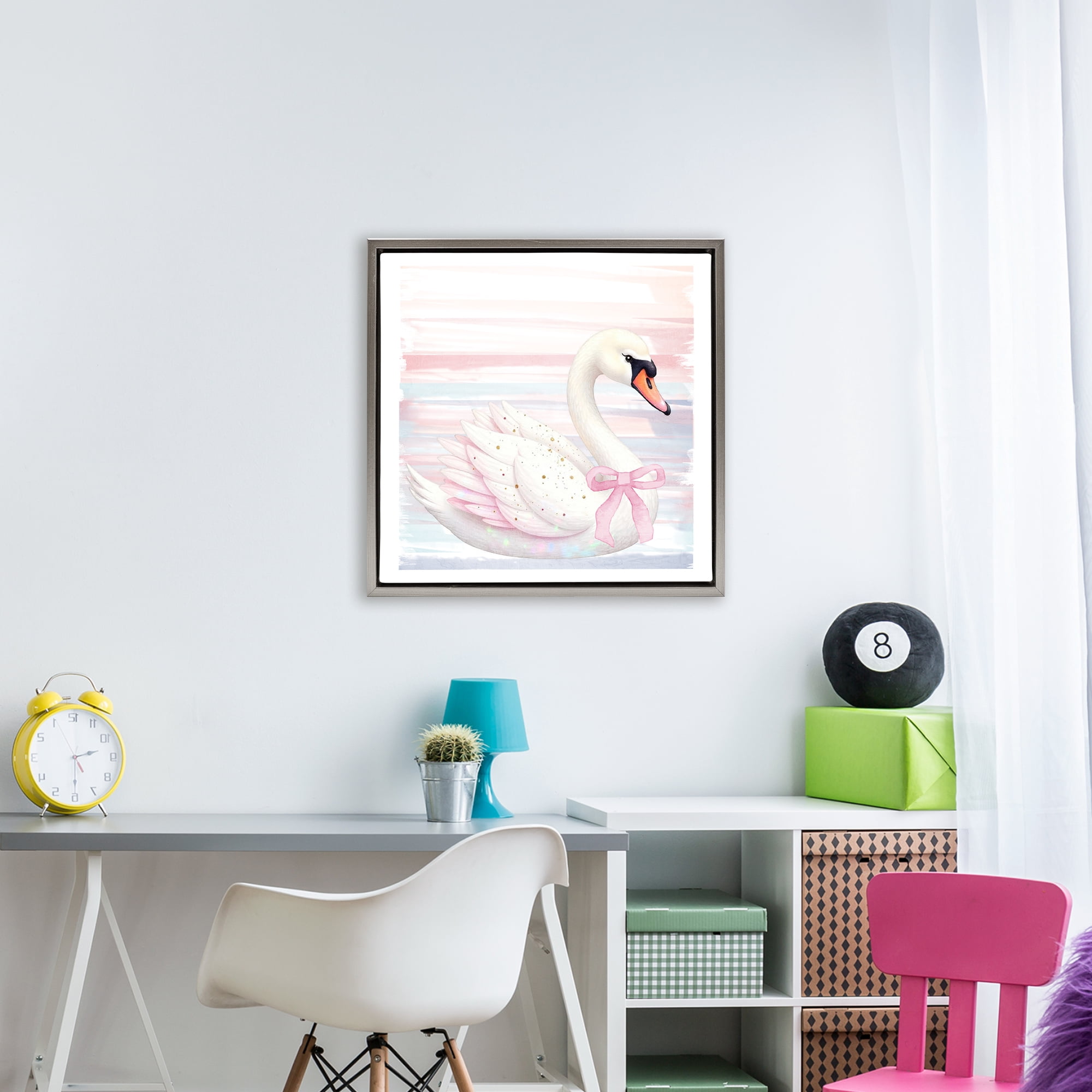 Pink Swan with Ribbon Gray Framed Floater Canvas Wall Art, design by Kim Allen