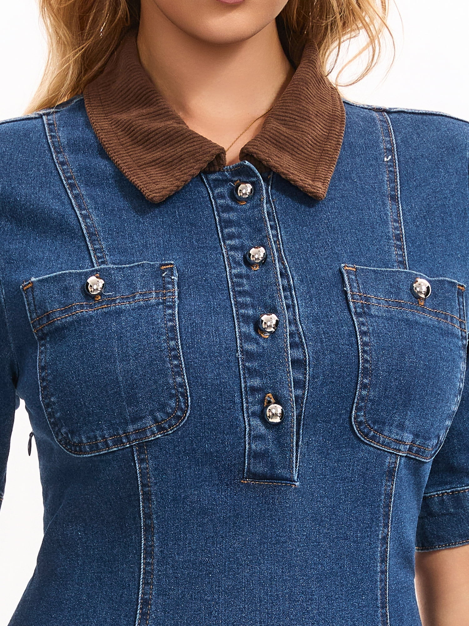 DARING DIVA Women's Jean Dresses Collared Button Sleeve Fit and Denim Dress L Blue