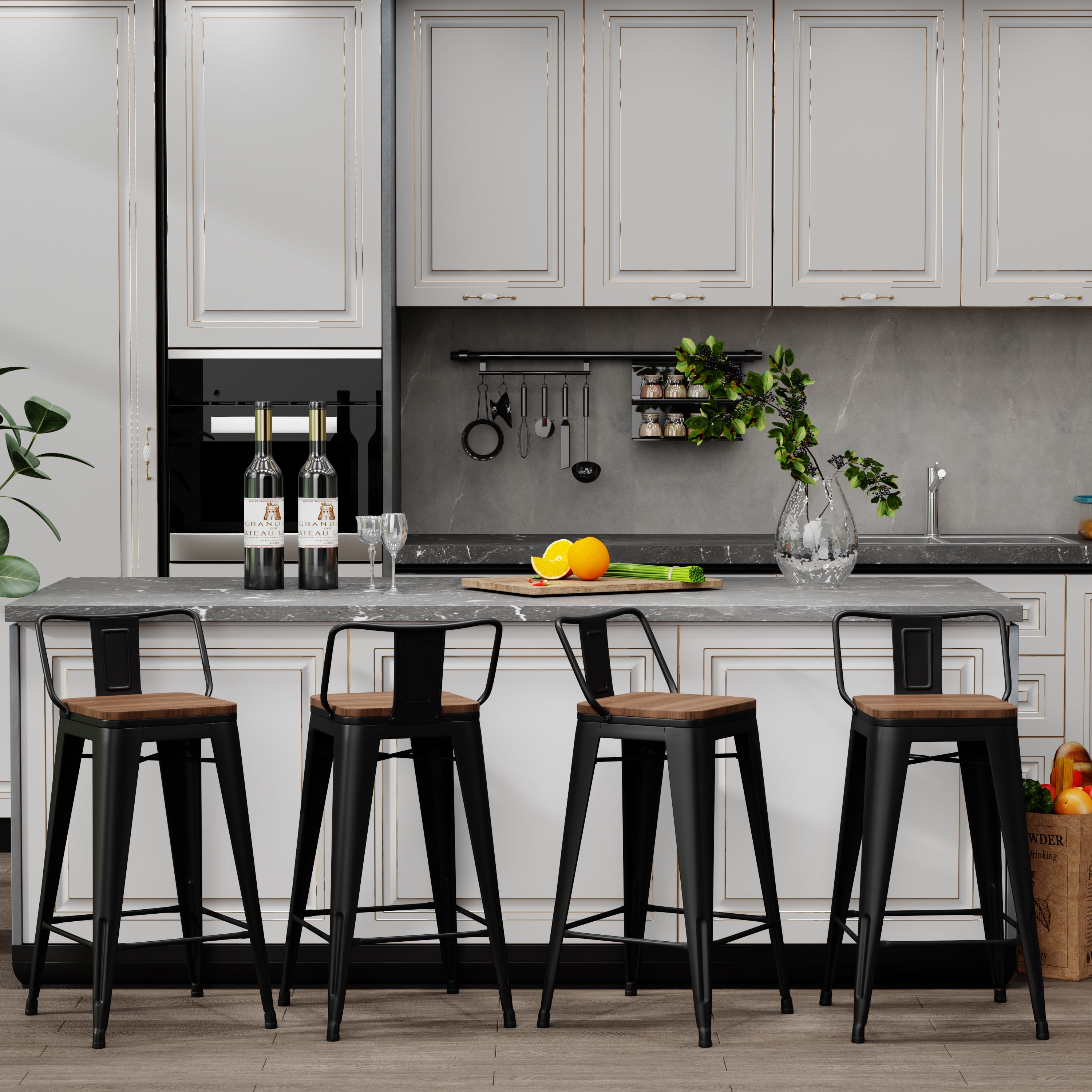 Apeaka 26 inch Bar Stools with back set of 4 Counter Height Stools with Wood Seat Metal Bar Stools