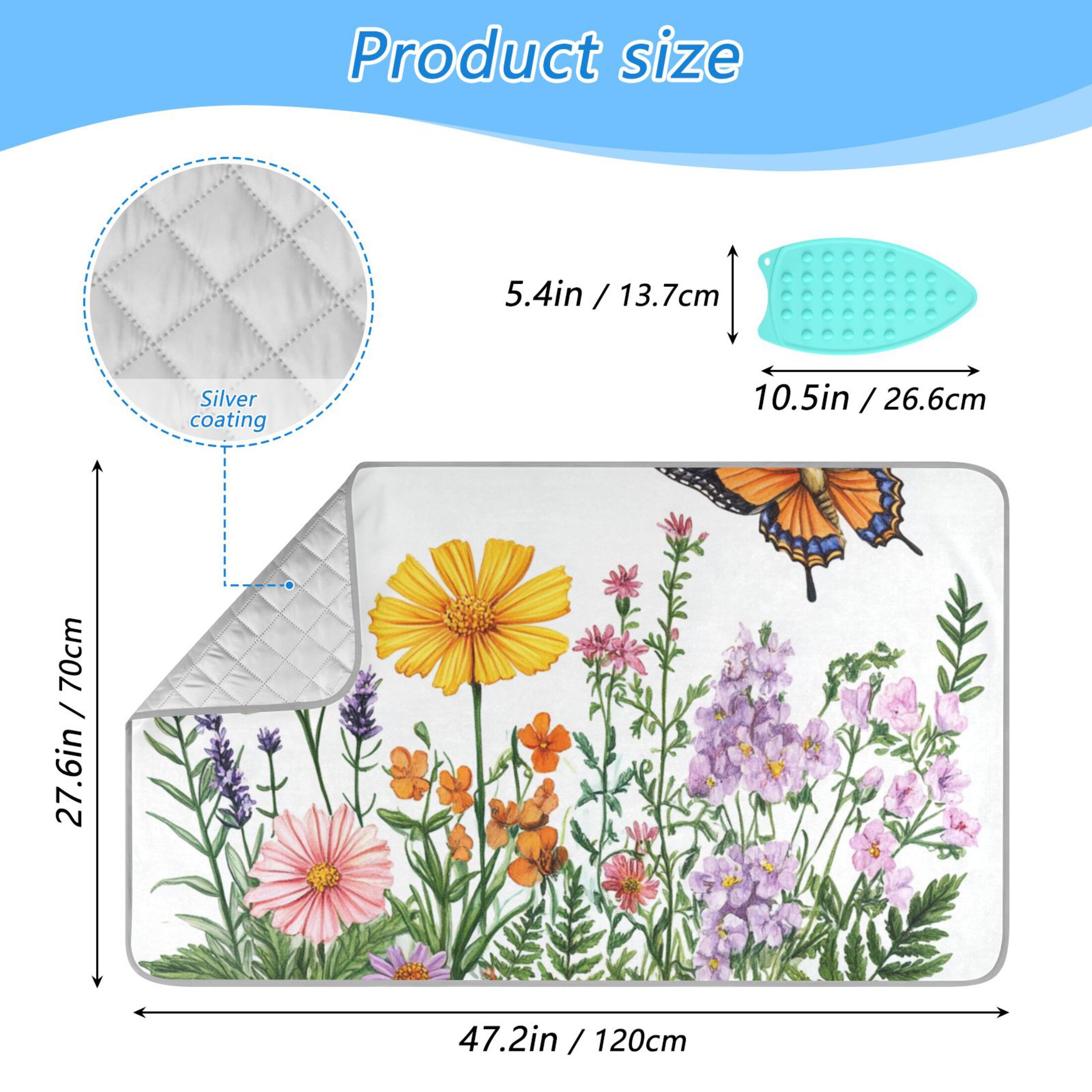 Colorful Flowers Two Butterflies Ironing Mat Blanket Portable Travel Ironing Pad Heat Resistant Pad 47.2" x 27.6”