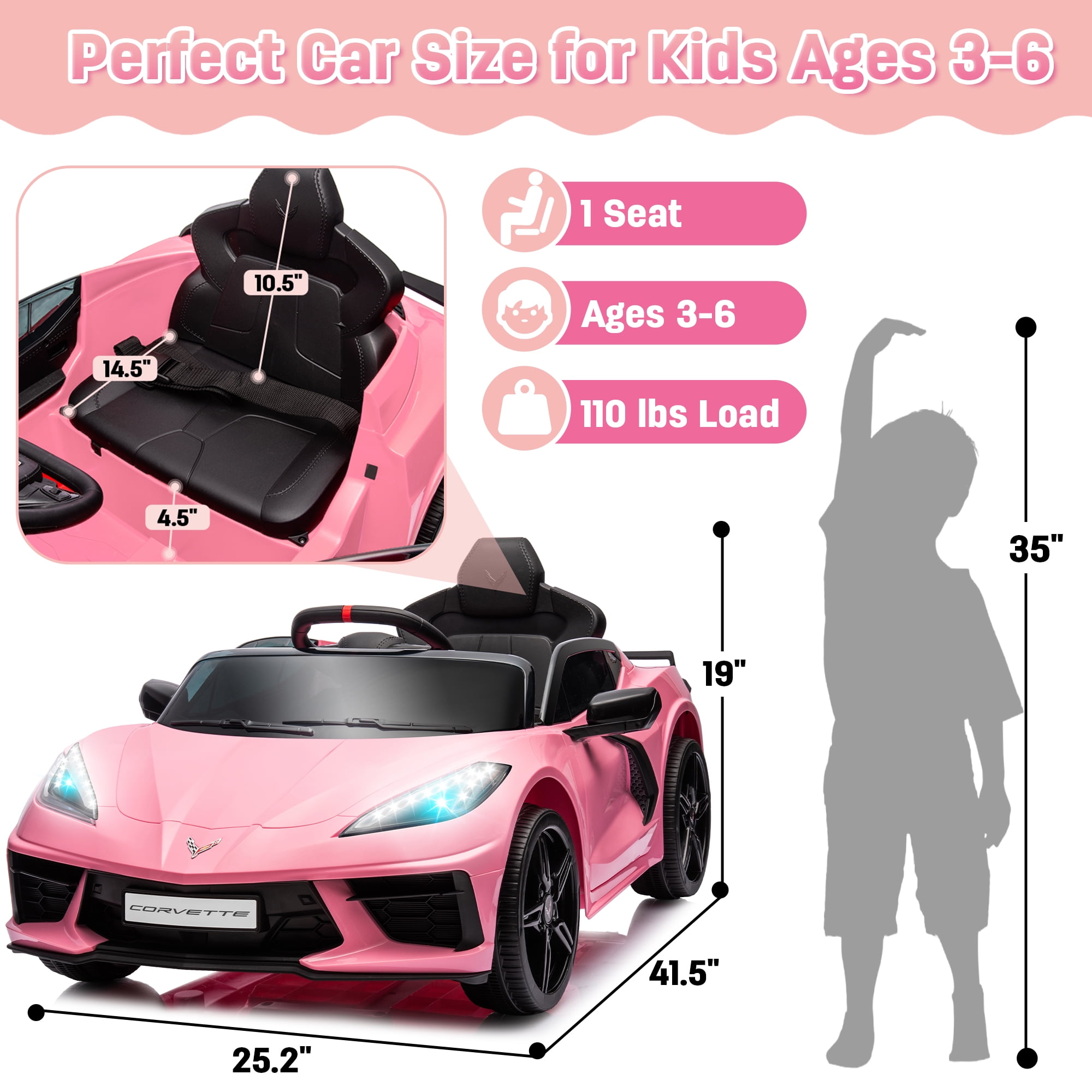 Chevrolet Corvette C8 Licensed Ride on Car,Wisairt 12 V Battery Powered Electric Vehicle w/ Remote Control,Bluetooth,LED Lights and Heightened Windows(Pink)
