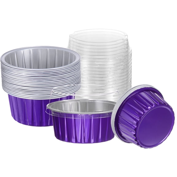 Uxcell 25Pcs Baking Cups with Lids 5oz Aluminum Foil Liners Mini Disposable Containers Cups Purple