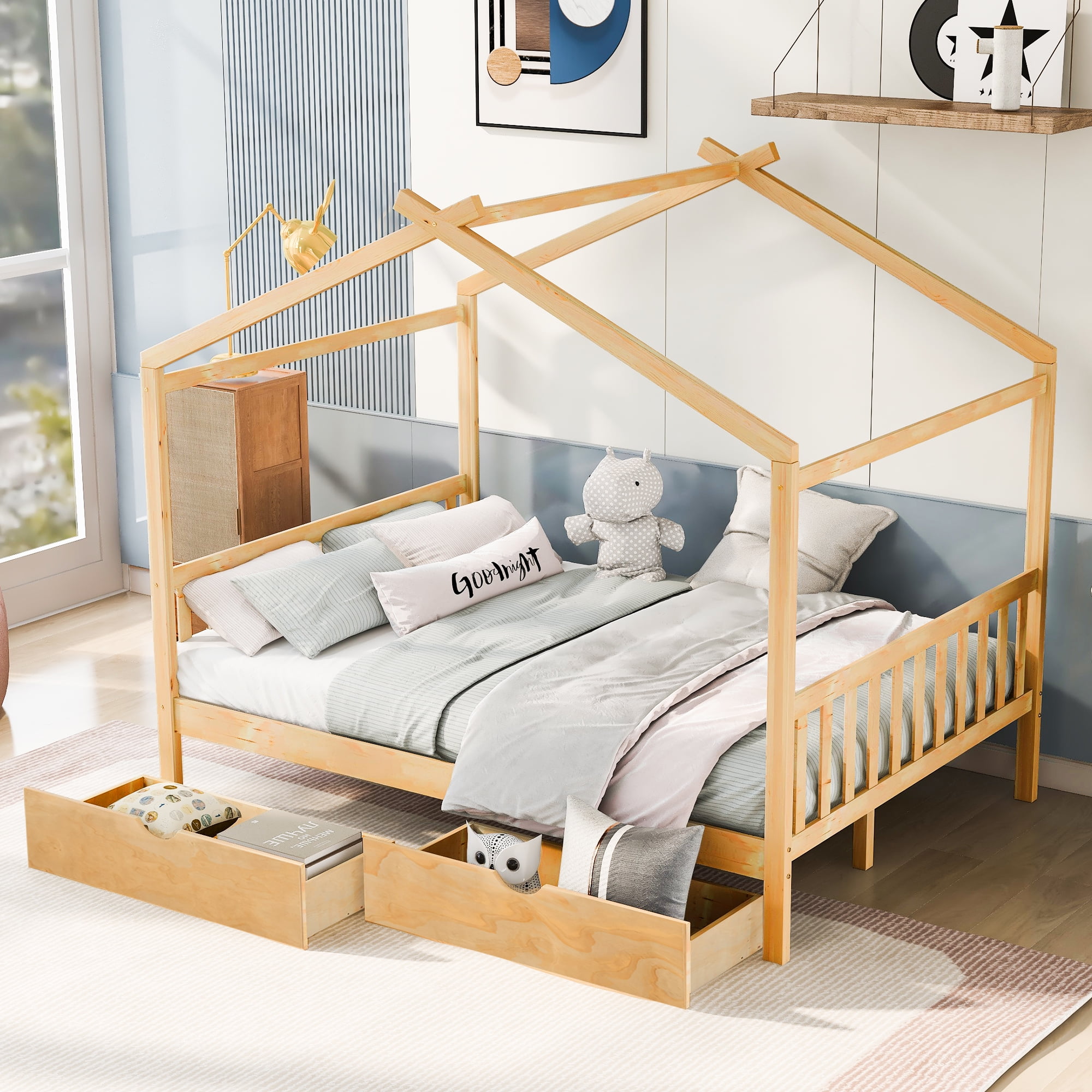 EUROCO Full Size House Bed with Two Drawers for Kids, Solid Wood Platform Bed for Living Room, Natural