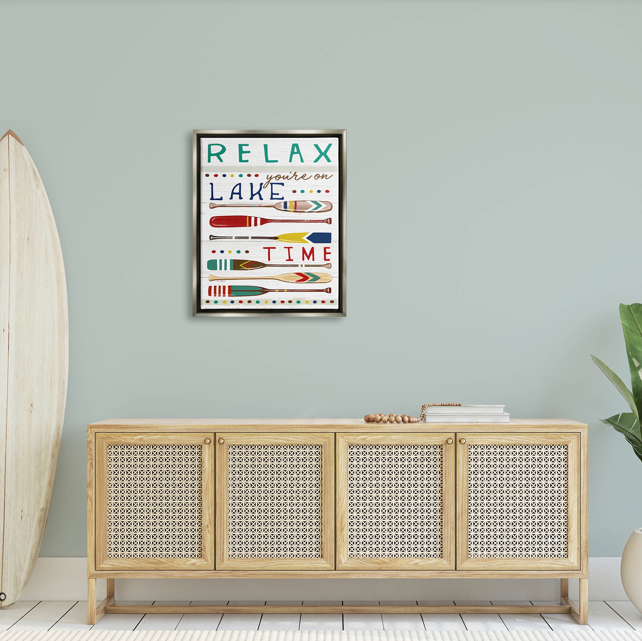 Stupell Industries Relax Lake Time Rustic Oars Graphic Art Luster Gray Floating Framed Canvas Print Wall Art, Design by Elizabeth Tyndall