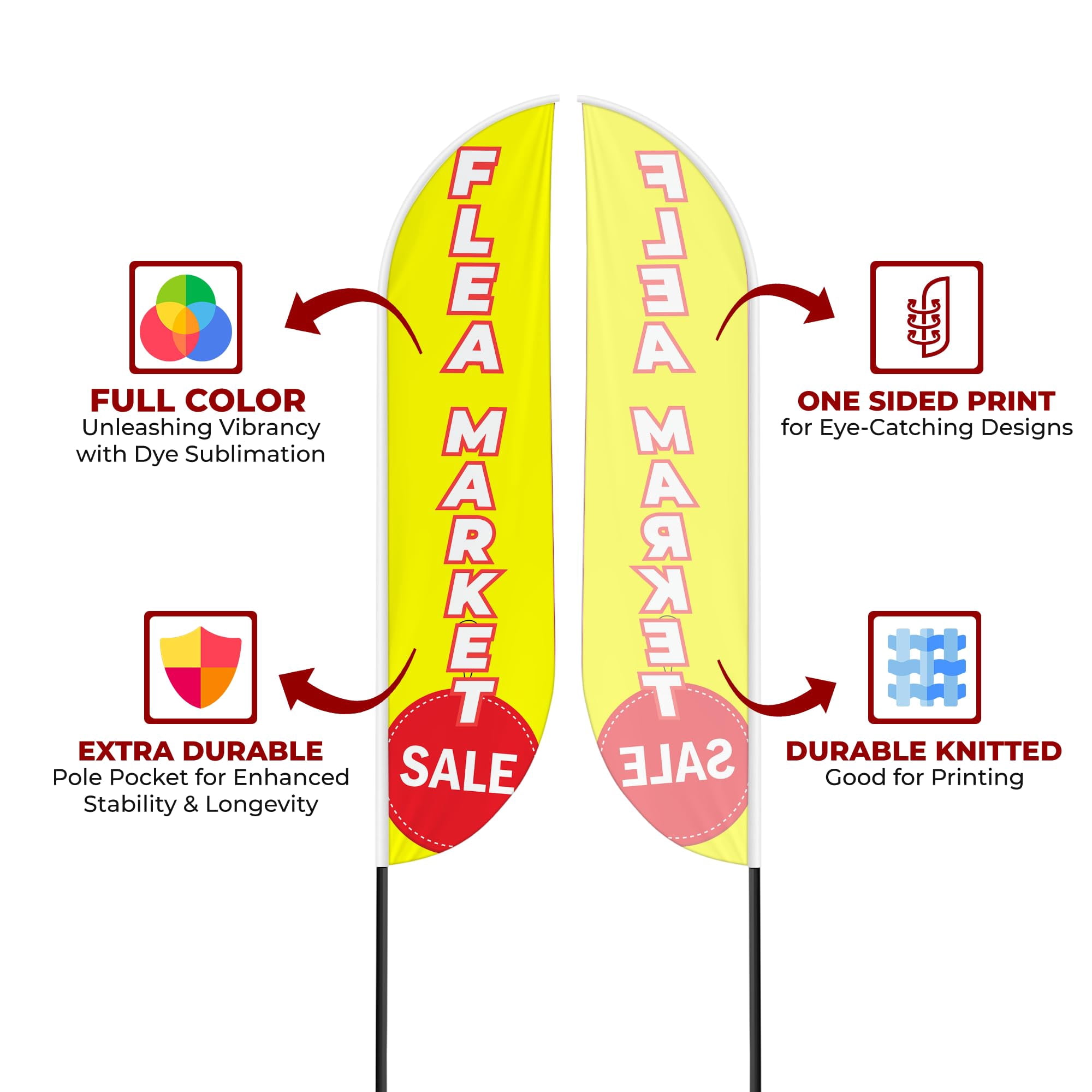 Flea Market Sign feather flag for Outdoor by Mavis Printing | 11.5 FEET Long Polyester Outdoor Banner Flag for Easy Hang | HD Print Swooper I Flag Only to Advertise Flea Market Business I Flag Only