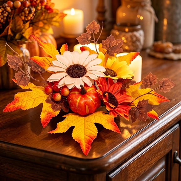 Vintage Fall Pumpkin Sunflower Maple Leaf Table Centerpiece, Weatherproof Fade-Resistant Floral Arrangement, Reusable Seasonal Decor For Thanksgiving Halloween Desktop Mantel Indoor Holiday Ornament