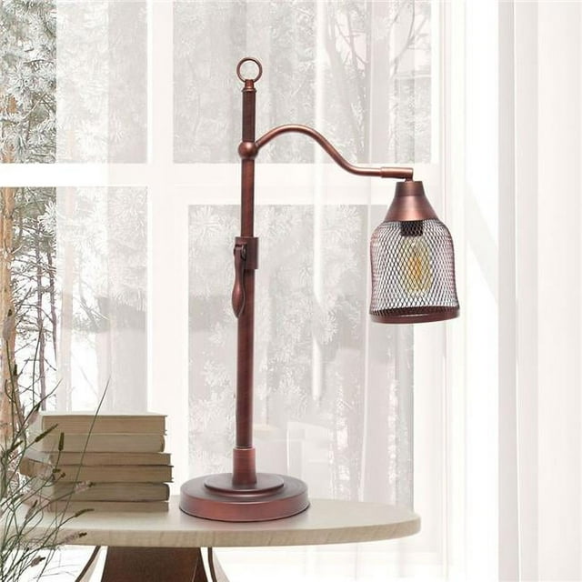 All the Rages LHT-5029-RB Lampe de Table Vintage Arquée avec Abat-Jour en Maille de Fer, Bronze Rouge